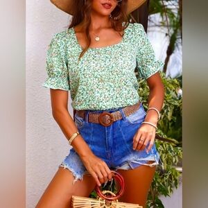 Floral Print Square Neck Short Sleeve Top Size Medium